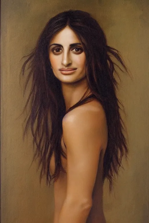 Image similar to oil painting, portrait of penelope cruz, artwork by leonardo da vinci