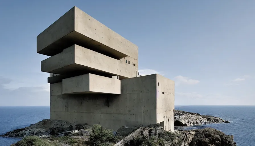 Image similar to big brutalist base perched on a cliff overlooking a magnificient bay, drawing architecture, pritzker architecture prize, greig fraser