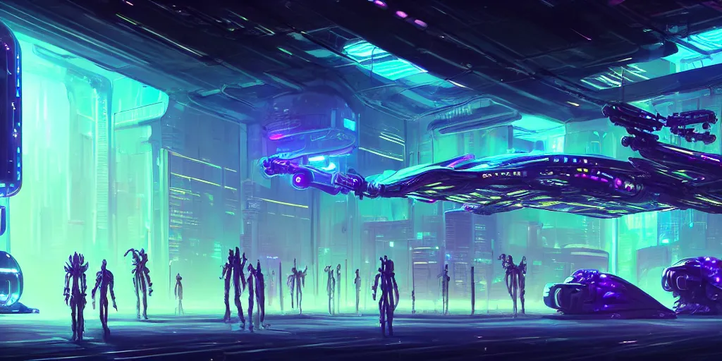 Image similar to the exterior of a celestial spaceship cyberpunk hangar in a bioluminescent walls decorated beautifully, lots of cyberpunk design elements like humanoids and mecha robots, warm sunlight shining in, lots of cables and neon signs, concept art 8 k resolution, fantasy illustration, sharp focus, detailed painting, deep color, volumetric lighting, crepuscular rays