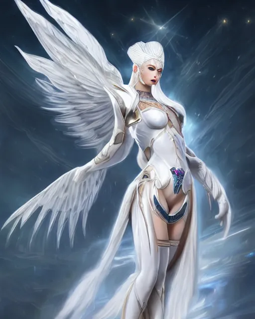 Image similar to perfect white haired egyptian goddess wearing white dove wings, warframe armor, regal, attractive, ornate, sultry, beautiful, dreamy, half asian, pretty face, blue eyes, detailed, scifi platform, 4 k, ultra realistic, epic lighting, android body, illuminated, cinematic, masterpiece, art by akihito tsukushi, voidstar, artgerm