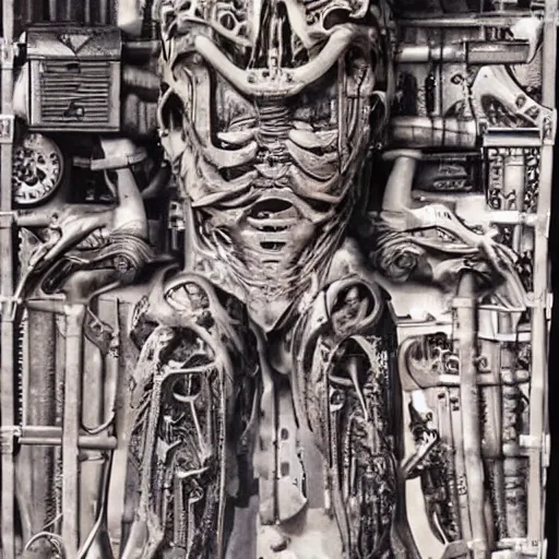 Prompt: boxcar made of human flesh and bone, biomechanical railroad, highly detailed, War Photography, by H.R. Giger