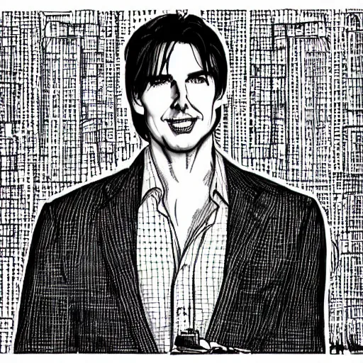 Image similar to a portrait drawing of Tom Cruise drawn by Robert Crumb