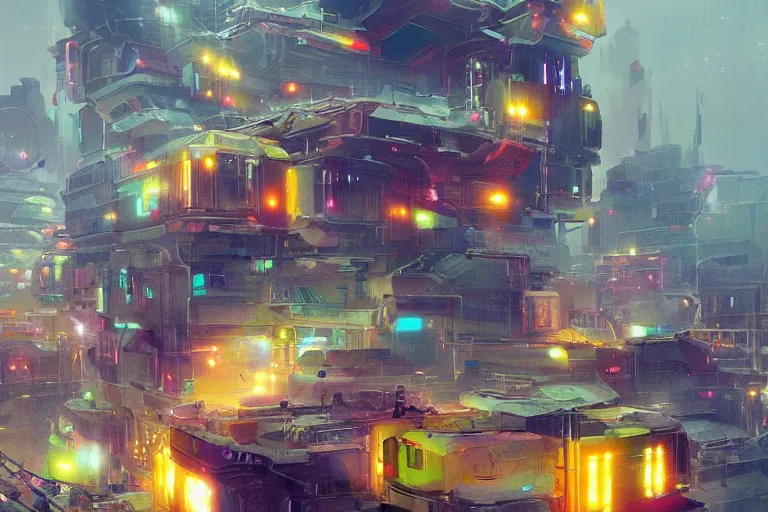 Prompt: a small town with many colorful buildings floats in space, illuminated by multi - colored lights, abstract art, digital art, surrealist, glitch, futuristic city, illustrated by greg rutkowski, realistic