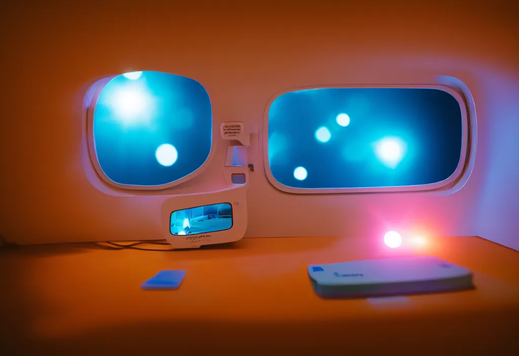 Image similar to 3 d dreams popping out of curved movie screen, volumetric lighting, bedroom, visor, sleeping, pair of keycards on table, bokeh, creterion collection, shot on 7 0 mm, instax