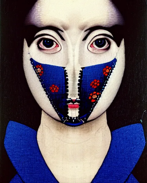 Image similar to symmetrical close - up portrait of a woman face with blue frizzy hair, wearing a embroidered black mask by alexander mcqueen, bjork aesthetic, masterpiece, in the style of rogier van der weyden and jacopo da pontormo, cyberpunk, ukiyo - e