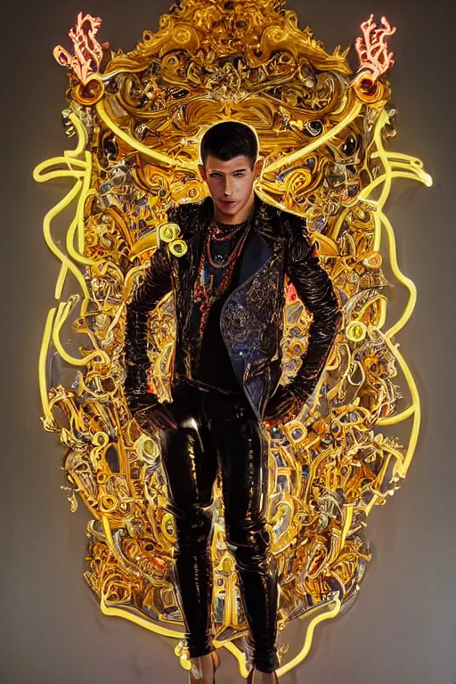 Image similar to full-body bladerunner neon rococo style sculpture of a handsome Spanish Nick Jonas as a half cibernetic android with a chest opening exposing circuitry and electric sparks, glowing laser beam eyes, crown of giant diamonds, flowing neon-colored silk, fabric, raptors. baroque elements. full-length view. baroque element. intricate artwork by caravaggio. many many birds birds on background. Trending on artstation, octane render, cinematic lighting from the right, hyper realism, octane render, 8k, depth of field, 3D