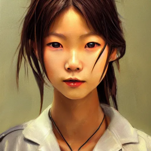 Image similar to a perfect, realistic professional oil painting of a Japanese schoolgirl posing in a dystopian alleyway, close-up, by a professional American senior artist on ArtStation, a high-quality hollywood-style concept