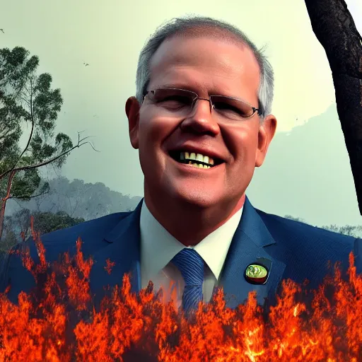 Image similar to Prime Minister Scott Morrison selfie by a bush fire, cinematic, hyper realism, high detail, vivid colors, octane render, unreal engine, 8k