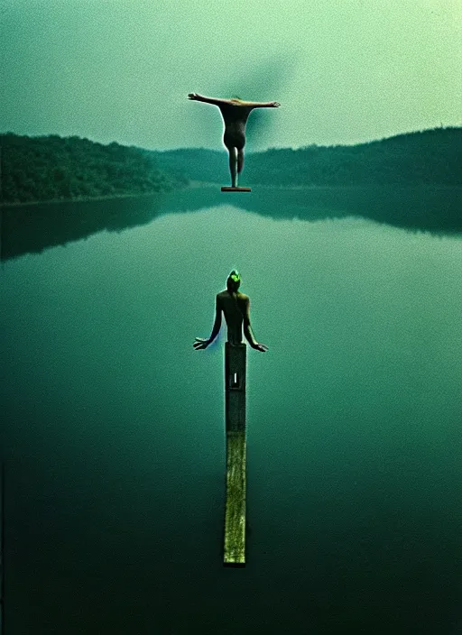 Image similar to “pepe the frog vertically hovering above misty lake waters in jesus christ pose, low angle, long cinematic shot by Andrei Tarkovsky, paranormal, eerie, mystical”