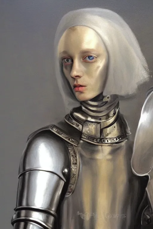 Image similar to hyperrealism oil painting, close - up portrait of albino medieval fashion model, knight, steel gradient mixed with nebula sky, in style of baroque