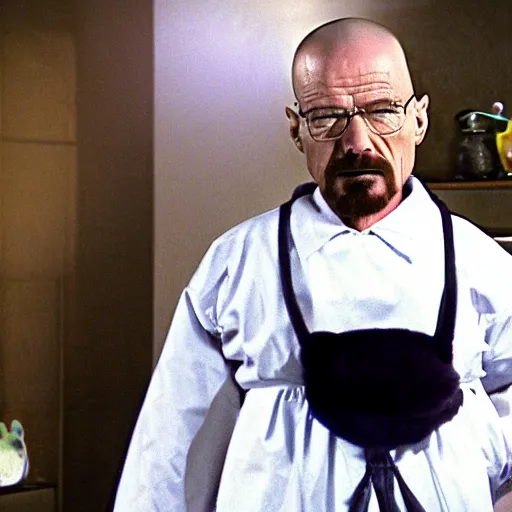 Prompt: a screenshot of Walter White wearing a cat maid outfit embarrassed
