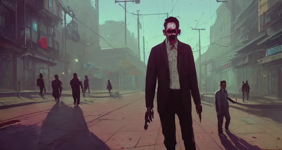 Image similar to highly detailed portrait waiter zombie in gta v, stephen bliss, unreal engine, fantasy art by greg rutkowski, loish, rhads, ferdinand knab, makoto shinkai and lois van baarle, ilya kuvshinov, rossdraws, tom bagshaw, global illumination, radiant light, detailed and intricate environment