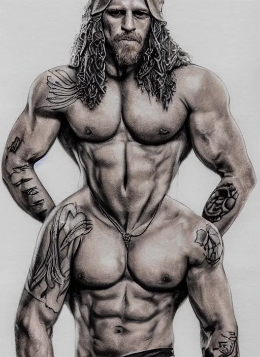 Prompt: photorealistic Portrait of frontal standing pose torso of a very attractive muscular man that looks like Jax Teller, heavily tattoed. All his skin is covered by elvish symbols and letters. Intricate, concept art, magic lighting overlays, magical portal opened, D&D!, fantasy style, sharp focus!, ultra detailed, art by Artgerm and Peter Andrew Jones, WLUP, Magali Villeneuve