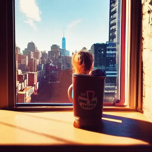 Prompt: “ a girl holding a cup of coffee looking out a window overlooking the east village in new york city, morning light, by beeple ”