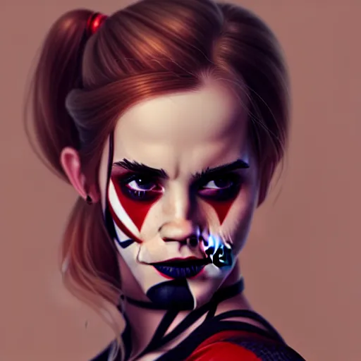 Image similar to Beautiful Emma Watson as Harley Quinn, western, D&D, fantasy, intricate, elegant, highly detailed, digital painting, artstation, concept art, matte, sharp focus, illustration, art by Artgerm and Greg Rutkowski and Alphonse Mucha