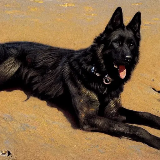 Prompt: a portrait of a black german shepard dogman canine lying at the beach in a swimsuit. highly detailed painting by gaston bussiere craig mullins jc