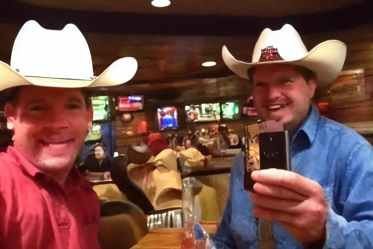 Image similar to taking a selfie with a plastic cowboy at an applebee's, cell phone photo