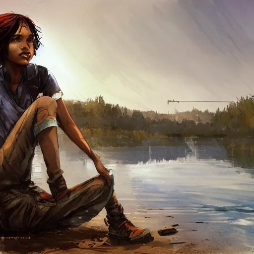 Image similar to clementine from the walking dead the last season sitting next to a river by greg rutkowski