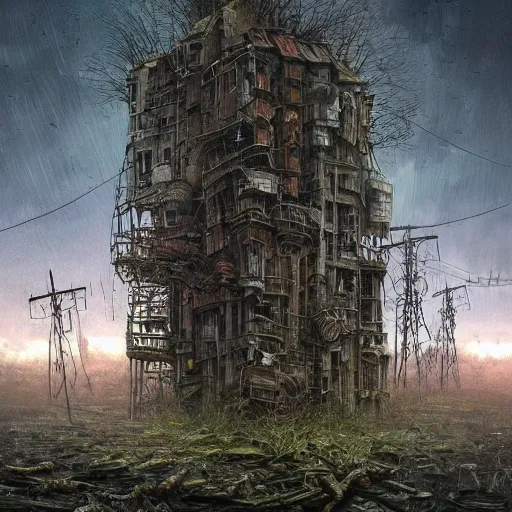 Image similar to Very very very very highly detailed epic photo, post apocalyptic city buildings, by Vladimir Manyukhin, by Simon Stålenhag, by Zdzisław Beksiński, by Guido Borelli, by Nathan Walsh, by Peter Gric, Wild vegetation, mold, deviantart, trending on artstation, Photorealistic, Incredible Depth, vivid colors, polychromatic, glowing neon, HDR Unreal Engine 64 megapixels IMAX Terragen 4.0, 8k resolution concept art filmic complex utopian mysterious moody futuristic