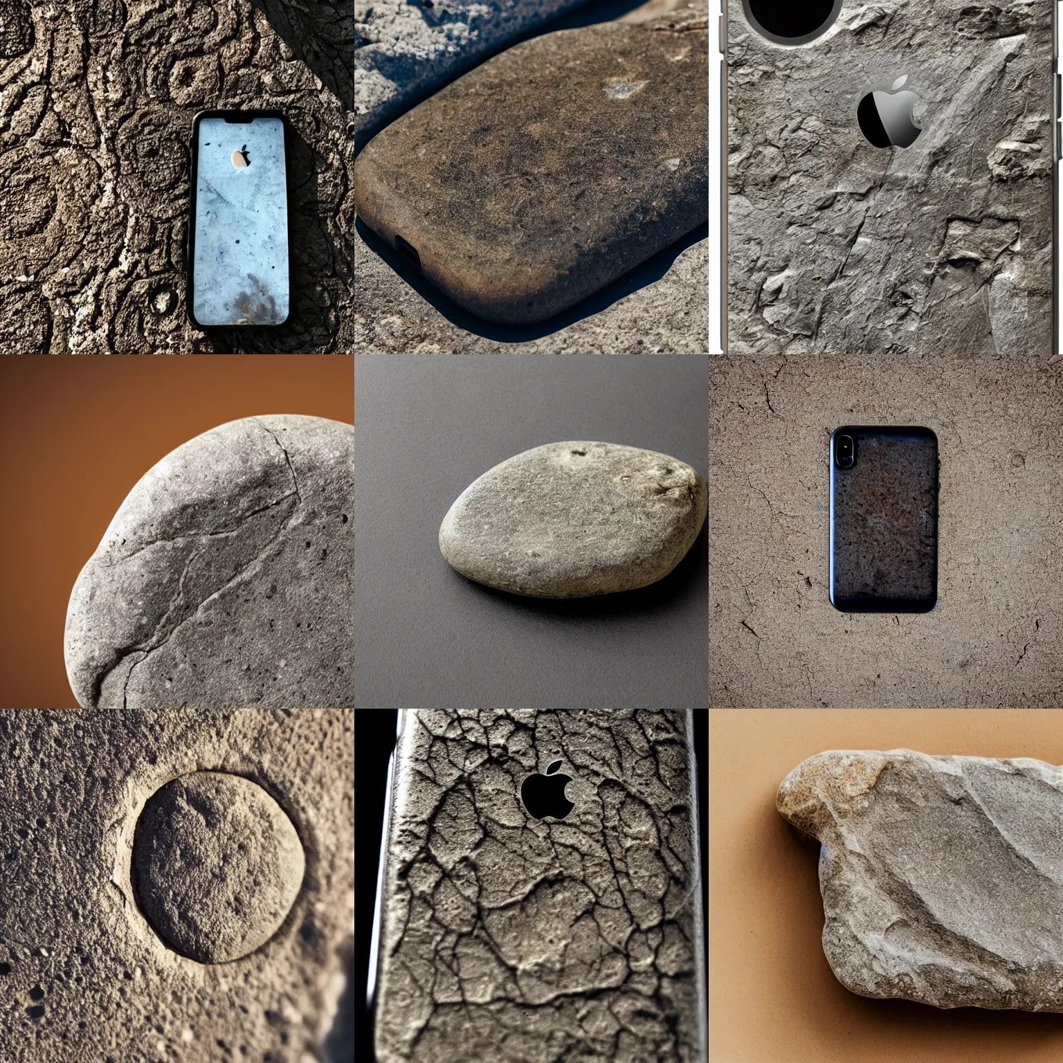 Prompt: fossil of a stone iphone from the year 2 5 0 0 bc, archeological find, dusty, direct sunlight, detailed, 4 k, real