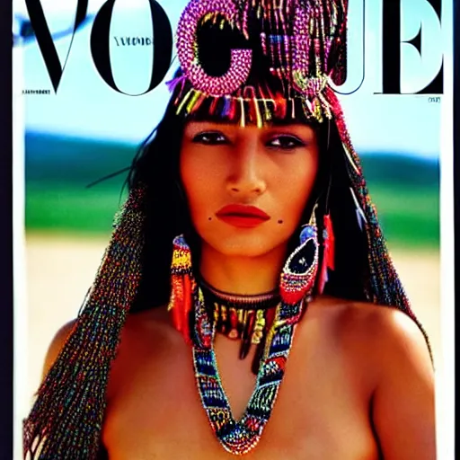 Prompt: a beautiful professional photograph by hamir sardar, herb ritts and ellen von unwerh for the cover of vogue magazine of a beautiful and unusually attractive native yanomami female fashion model looking at the camera in a flirtatious way, leica 5 0 mm f 1. 8 lens