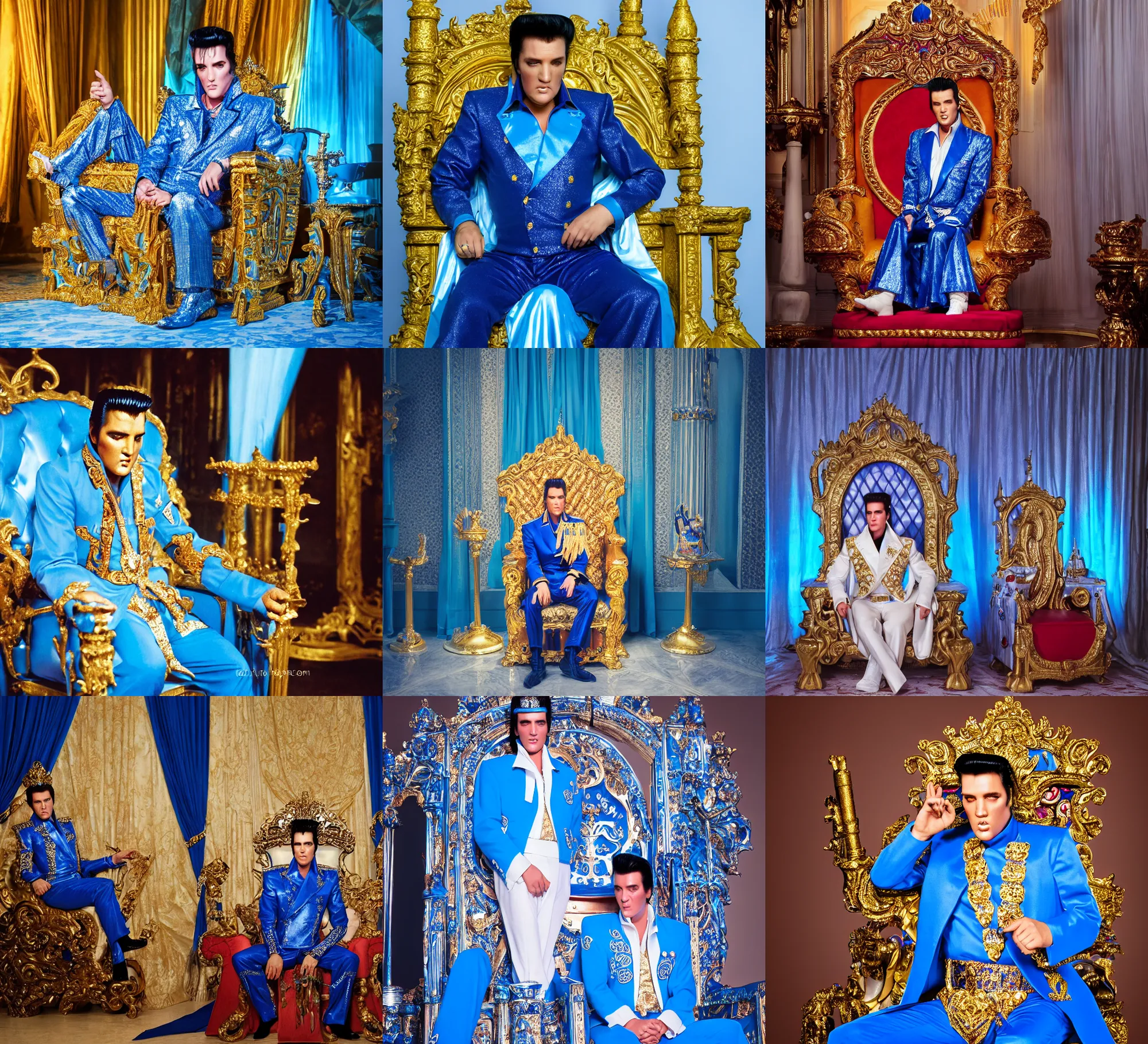 Prompt: sharp, detailed, color film of elvis sitting on his throne in his castle, atmospheric lighting, in focus, blue reflective eyes, 3 5 mm macro lens, live action, nice composition, hyper real, photorealistic