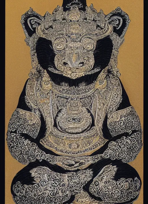 Prompt: detailed pen and ink art of an anthropomorphic asian black bears head on Buddhist bodhisattva body, seated in royal ease, 0.1 black micron pen on white paper, gilded gold halo behind head, 24K gold leaf, reflective, beautiful, highly detailed, fine pen work, white background