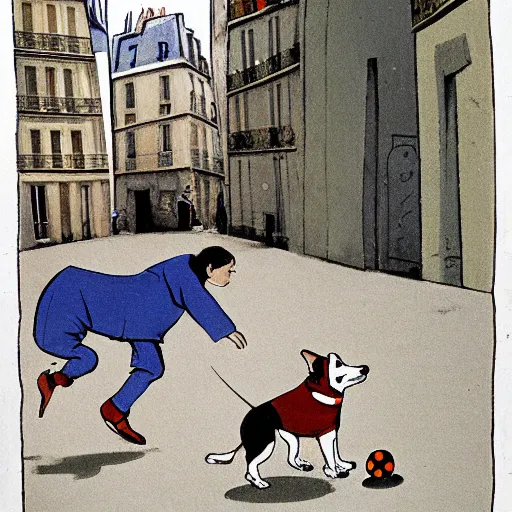 Image similar to book illustration of a french boy on the streets of paris playing football against a corgi, the dog is wearing a polka dot scarf, 1 9 6 6