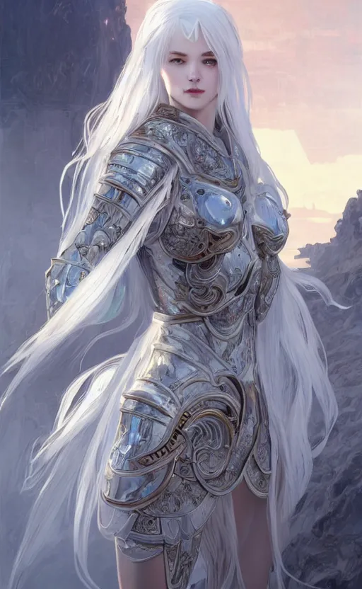 Image similar to portrait white hair knights of zodiac girl, sliver ice color reflected armor, in ruined agora of athens sunrise, ssci - fi and fantasy, intricate and very very beautiful and elegant, highly detailed, digital painting, artstation, concept art, smooth and sharp focus, illustration, art by tian zi and wlop and alphonse mucha