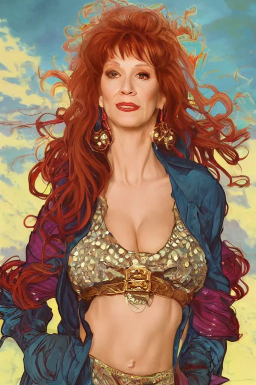 Image similar to peggy bundy as a sorceress surrounded by tacky glowing magic, used scifi style, d & d, sketchy lines and brushstrokes, 9 0 s retro, xtreme, no blur, 4 k resolution, ultra detailed, style of greg rutkowski, zac retz, kawase hasui, beeple, don bluth, alphonse mucha,