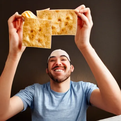 Prompt: A redditor raising his hands in victory, smiling exuberantly, and surrounded by empty Hot Pocket wrappers