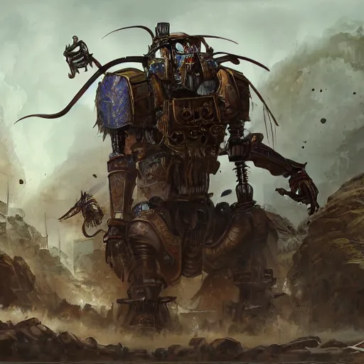 Prompt: portrait concept painting of a rampaging ashigaru mecha war construct, destroying a small village fantasy painting, dungeons and dragons, magic the gathering art, of bamboo, laquer and steel, steampunk - inspired by brian froud and greg rutkowski and jessica rossier