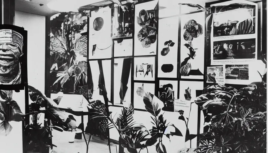 Image similar to A black and white photography of an exhibition space with objects of Sun Ra, Marcel Duchamp and tropical plants, 60s, offset lithography print, newspaper, distant shot, minimalist