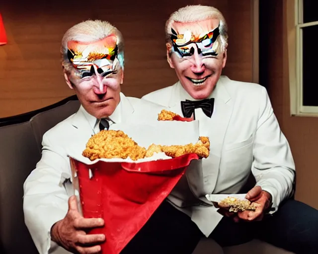 Prompt: Joe Biden as Colonel Sanders eating KFC, photograph