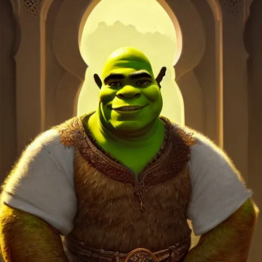 Image similar to handsome shrek in a moroccan jalaba, highly detailed, digital painting, artstation, concept art, sharp focus, illustration, art by greg rutkowski and alphonse mucha