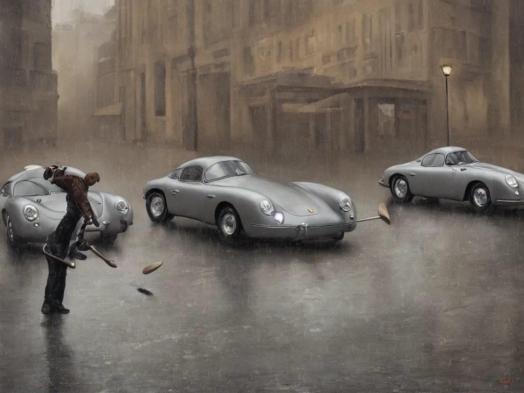 Prompt: Mysterious figure swings a heavy sledgehammer at a silver Porsche 550 with its headlights on, parked on the side of the road in the city of Cologne in the rain, by George Tooker, moody, ominous, lighting, hyper-realistic.