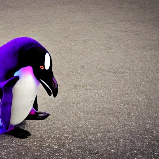 Prompt: Penguin creating magic purple magic satanic aura hula rings around the penguin while the penguin is on the streets, 40nm, shallow depth of field, split lighting, 4k,