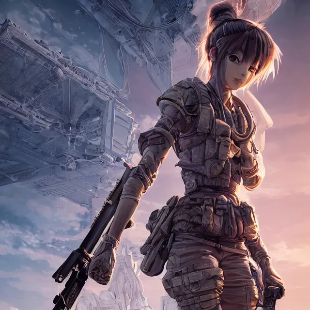 Image similar to the portrait of lawful neutral female futuristic infantry sniper as absurdly beautiful, gorgeous, elegant, young anime girl, an ultrafine hyperdetailed illustration by kim jung gi, irakli nadar, intricate linework, bright colors, octopath traveler, final fantasy, unreal engine 5 highly rendered, global illumination, radiant light, detailed and intricate environment