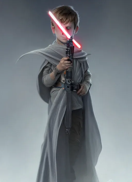 Image similar to perfectly - centered - portrait of a kid wearing grey cloak holding light saber, intricate, highly detailed, digital painting, artstation, concept art, smooth, sharp focus, illustration, unreal engine 5, 8 k, art by artgerm and greg rutkowski and alphonse mucha