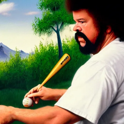 Image similar to a closeup photorealistic photograph of bob ross working on an image of kenny powers autographing a baseball on a canvas. mountains and trees. film still. brightly lit scene. this 4 k hd image is trending on artstation, featured on behance, well - rendered, extra crisp, features intricate detail, epic composition and the style of unreal engine.