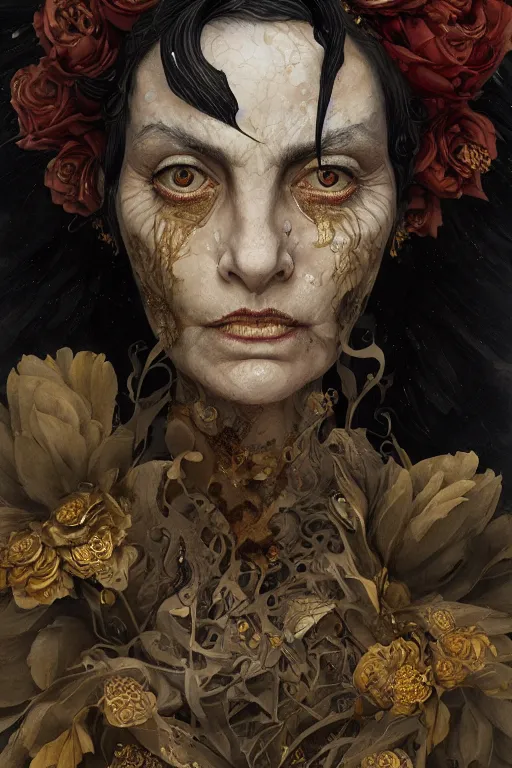 Image similar to portrait of hairy old woman with diluted aquarelle painted skin. close up. very dark black hair, large gold eyes. intricate dark flowers pattern on background, high detail, by Peter mohrbacher and Eddie Mendoza