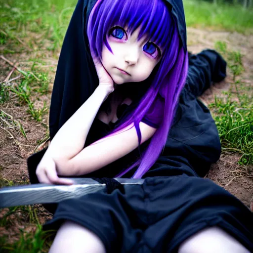 Prompt: A cute young real life 3D anime girl with long blueish violet hair, wearing a black reaper hood with shorts, a bloody scythe is laying next to her foot, in a dark field, top down angle, laying on her back