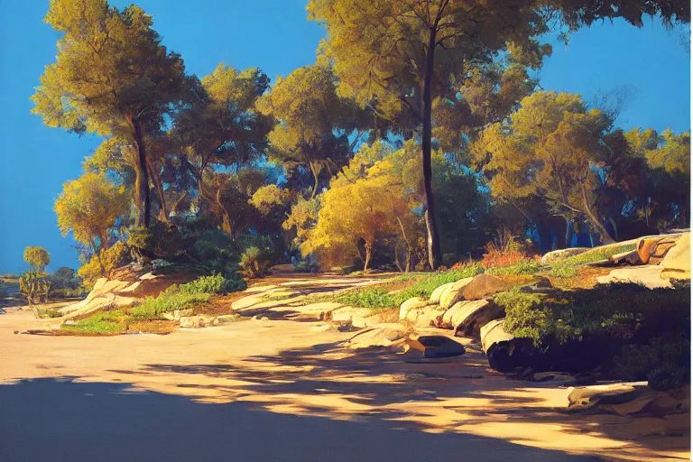 Prompt: natural landscape, painting by syd mead, highly detailed, soft lighting, 8 k resolution, oil on canvas, architectural magazine, beautiful detailed, insanely intricate details, artstation trending