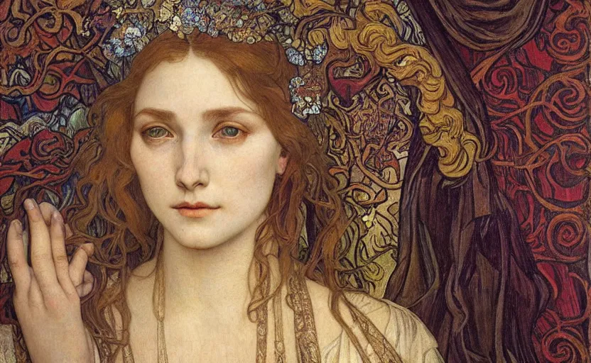 Image similar to detailed realistic beautiful young medieval queen face portrait by jean delville, alphonse mucha, vincent van gogh, and marco mazzoni, art nouveau, symbolist, visionary, gothic, pre - raphaelite