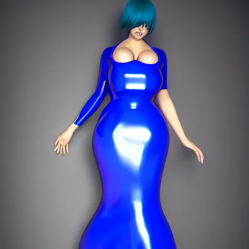 Image similar to curvy feminine hot goth cutie in a sublime elegant polished blue latex neck-high gown with white-golden trim and latex leggings, thin waist, cgsociety, photorealistic, comfy ambience, idealistic, 16k, smooth, sharp focus, trending on ArtStation, volumetric lighting, fully clothed, worksafe