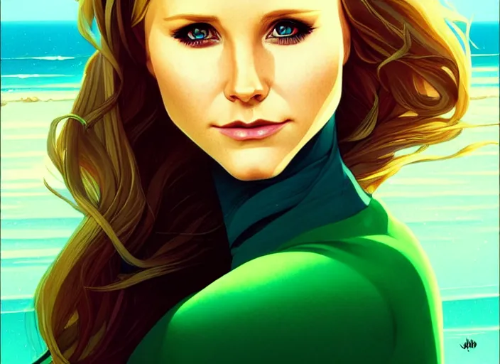 Image similar to style artgerm, joshua middleton, beautiful kristen bell with green dress, very long blue hair, symmetrical face, symmetrical eyes, water powers water swirling, detailed, beach setting, cinematic lighting