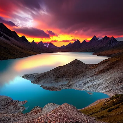 Image similar to landscape photography by marc adamus, glacial lake, sunset, dramatic lighting, mountains, clouds, beautiful