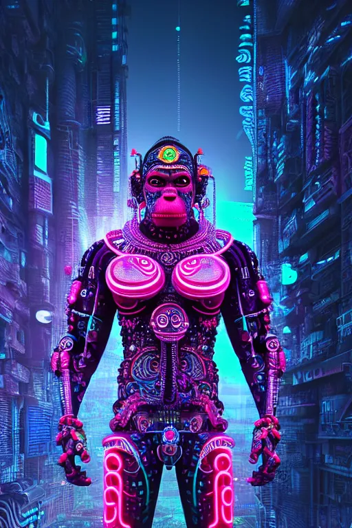 Image similar to high quality 3 d render neon cyborg!! hanuman! madhubani, highly detailed, cyberpunk mumbai in the background, unreal engine cinematic smooth, in the style of solaris, hannah yata charlie immer, moody light, low angle, uhd 8 k, sharp focus