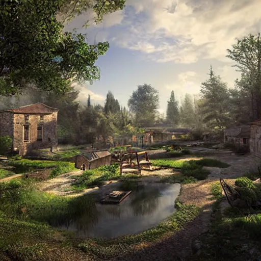 Image similar to a georgian village next to a pine forest, with a fishpond and courtyard, blue sky, sunny, detailed, volumetric, cinematic lighting, realistic, digital art by greg rukowski