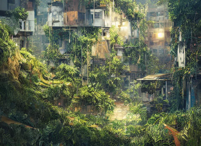 Prompt: overgrown foliage overtaking favela, biopunk, scenery, professional, award - winning, trending on artstation, detailed, realistic, beautiful, emotional, shiny, golden, picture